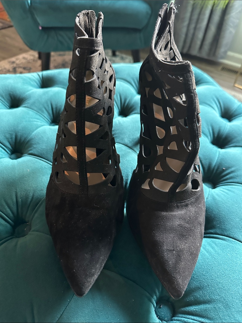 Nine West Black Cutout Pointed-Toe Heeled Booties